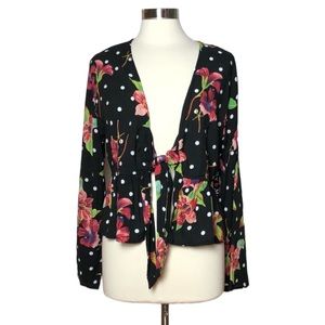 Iky & Me Polka Dot and Floral Tie Front Rayon Top